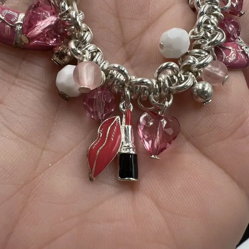 Silvertone Pink Purse, Heels, Lipstick Charm Bracelet